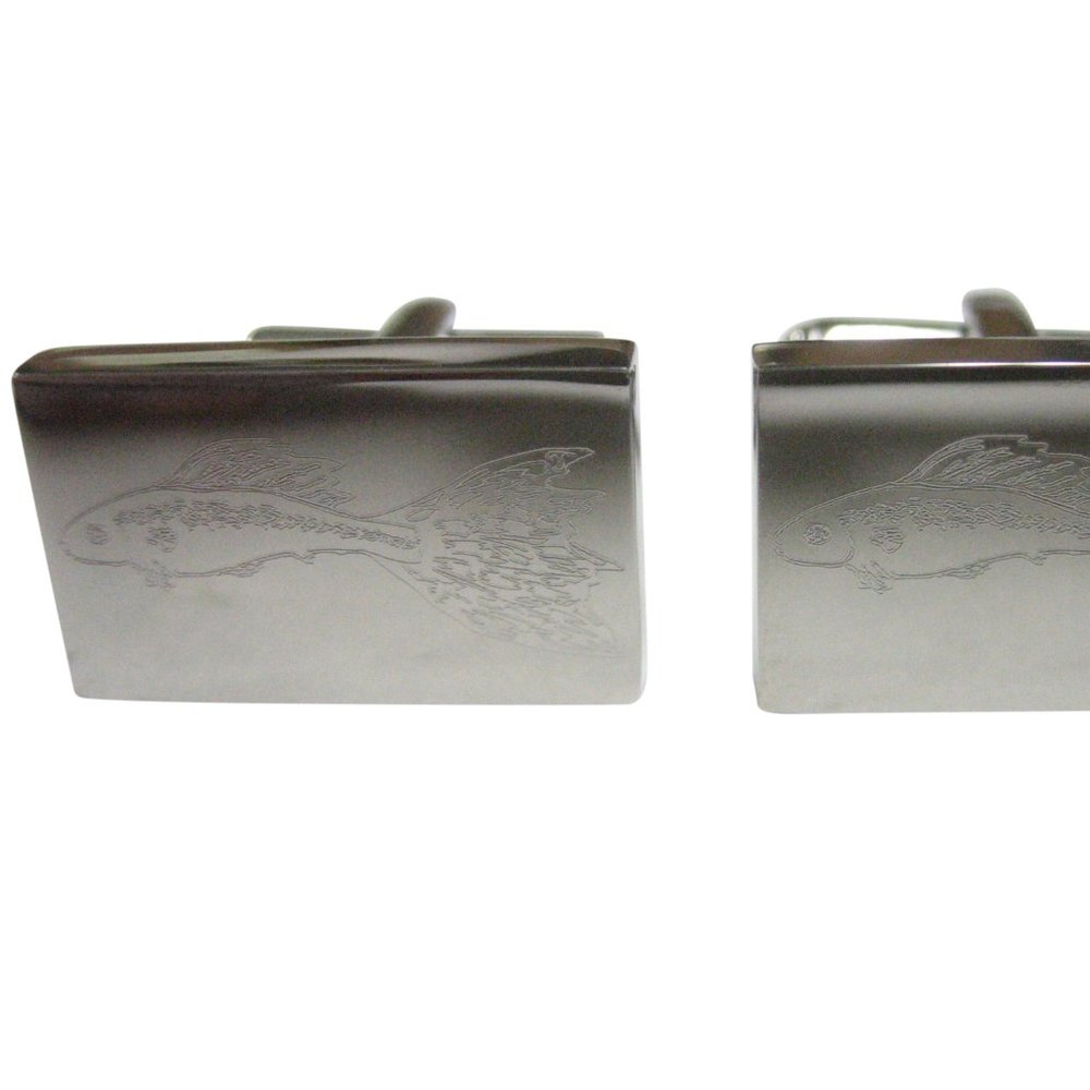 Silver Toned Rectangular Etched Guppy Fish Cufflinks